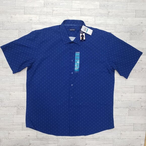 Nautica Performance Dress Shirt SS Blue Geo Stretch Cooling Mens XXL NWT Flaw - Picture 3 of 10